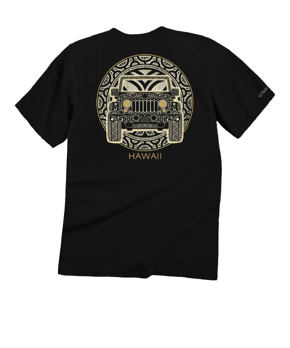 Black t-shirt with gold graphic design and 'Hawaii' text on a white background View 1