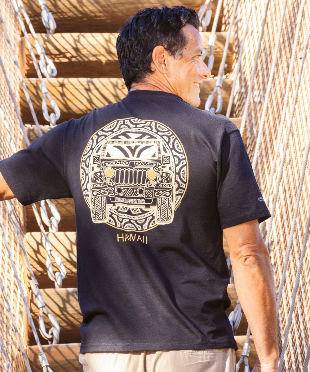 Man in black t shirt with graphic on back View 2