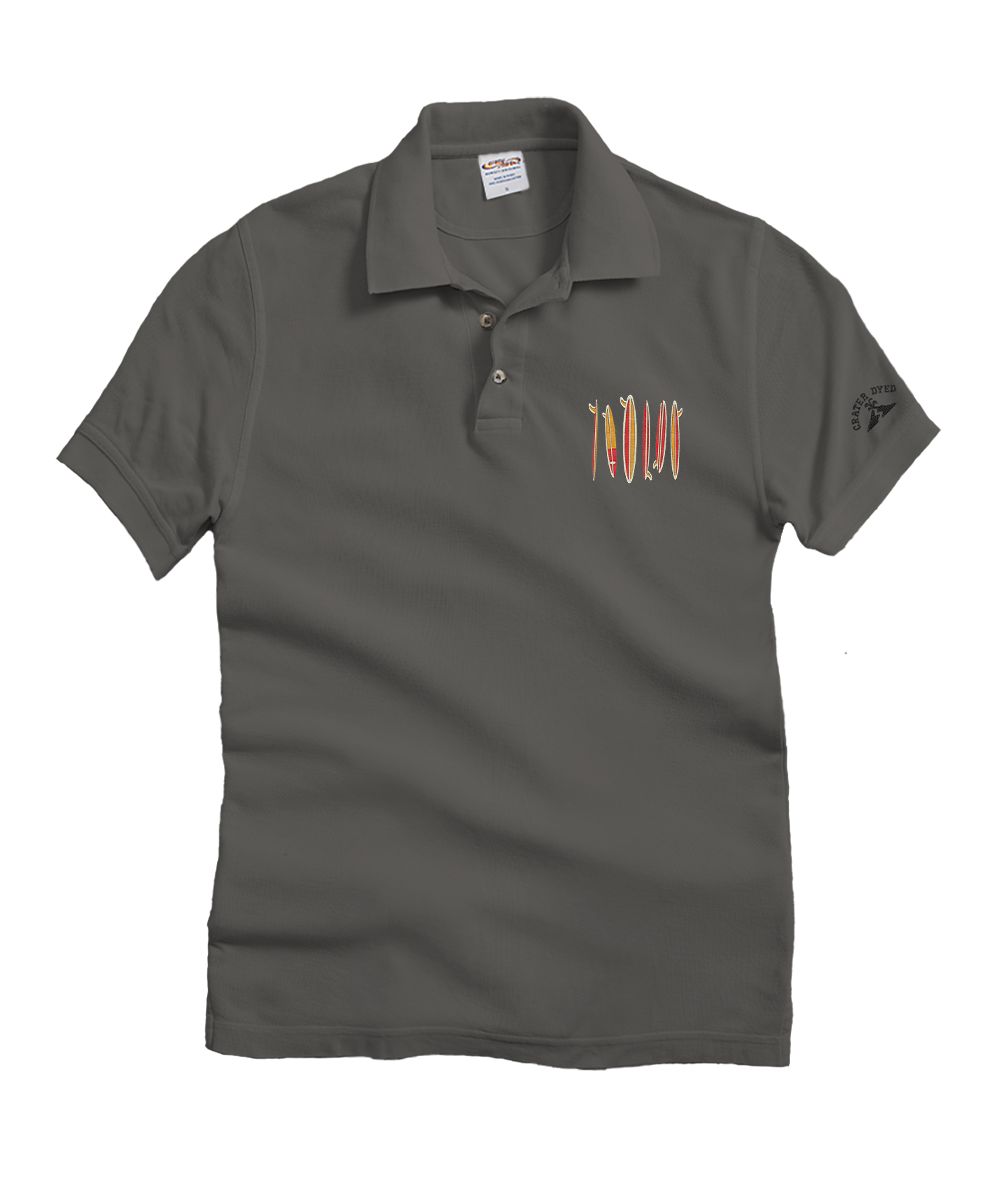 Gray polo shirt with a design on the chest and brand label on a white background View 1