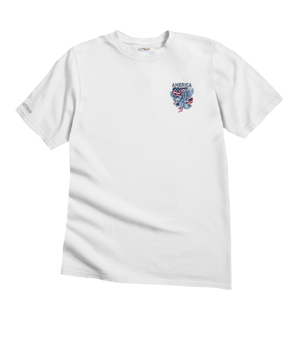 White t-shirt with a small graphic on a white background View 4