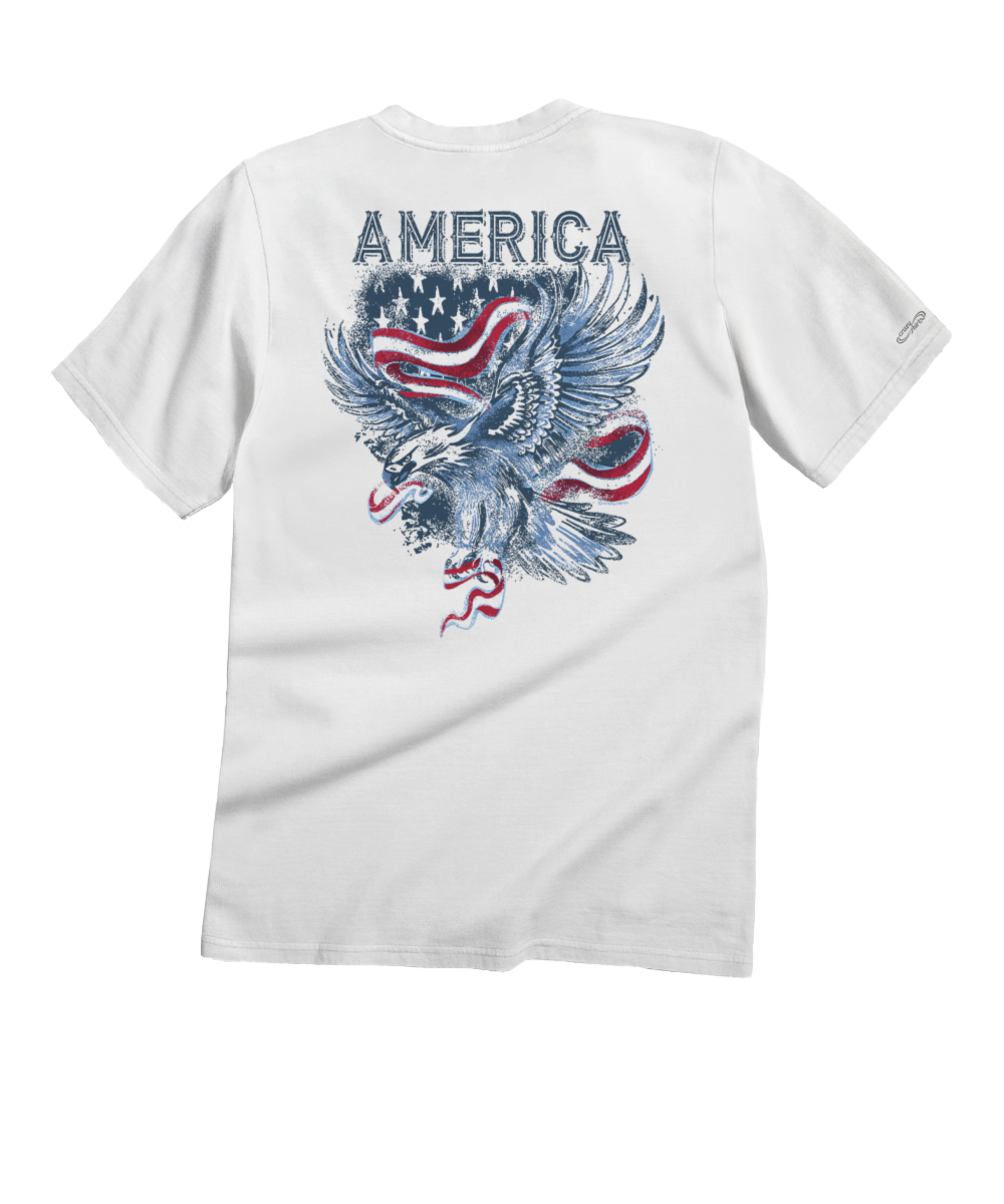 White t-shirt with an eagle and American flag design on the back against a white background View 1