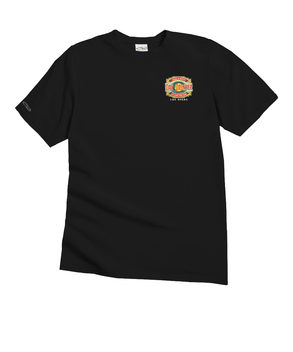 Black t-shirt with colorful logo on a white background View 4