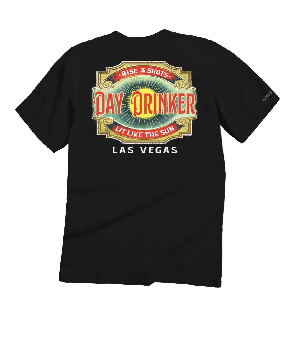 Black t-shirt with colorful 'Day Drinker' graphic on a white background View 1