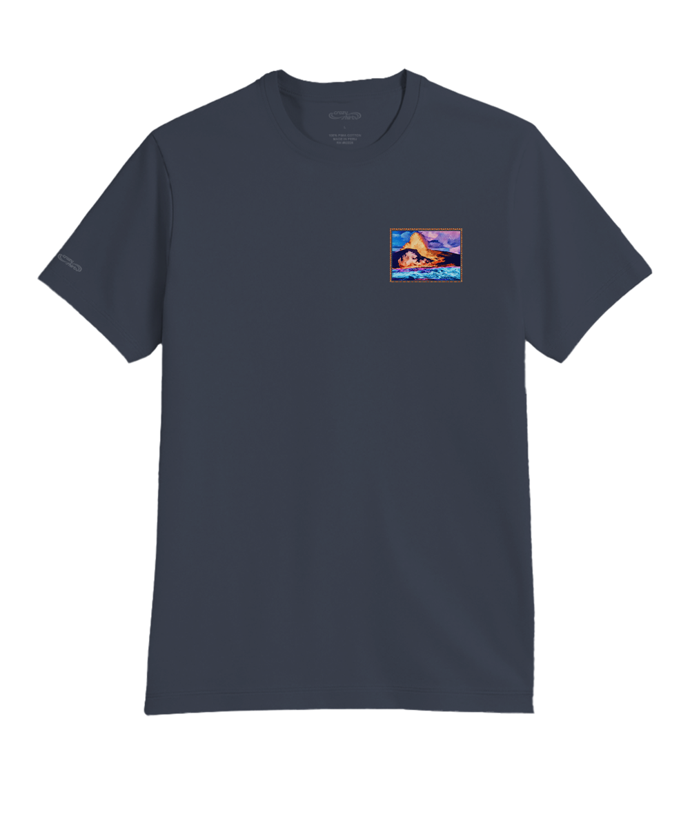 Navy blue t-shirt with a small colorful graphic on the chest against a white background View 4