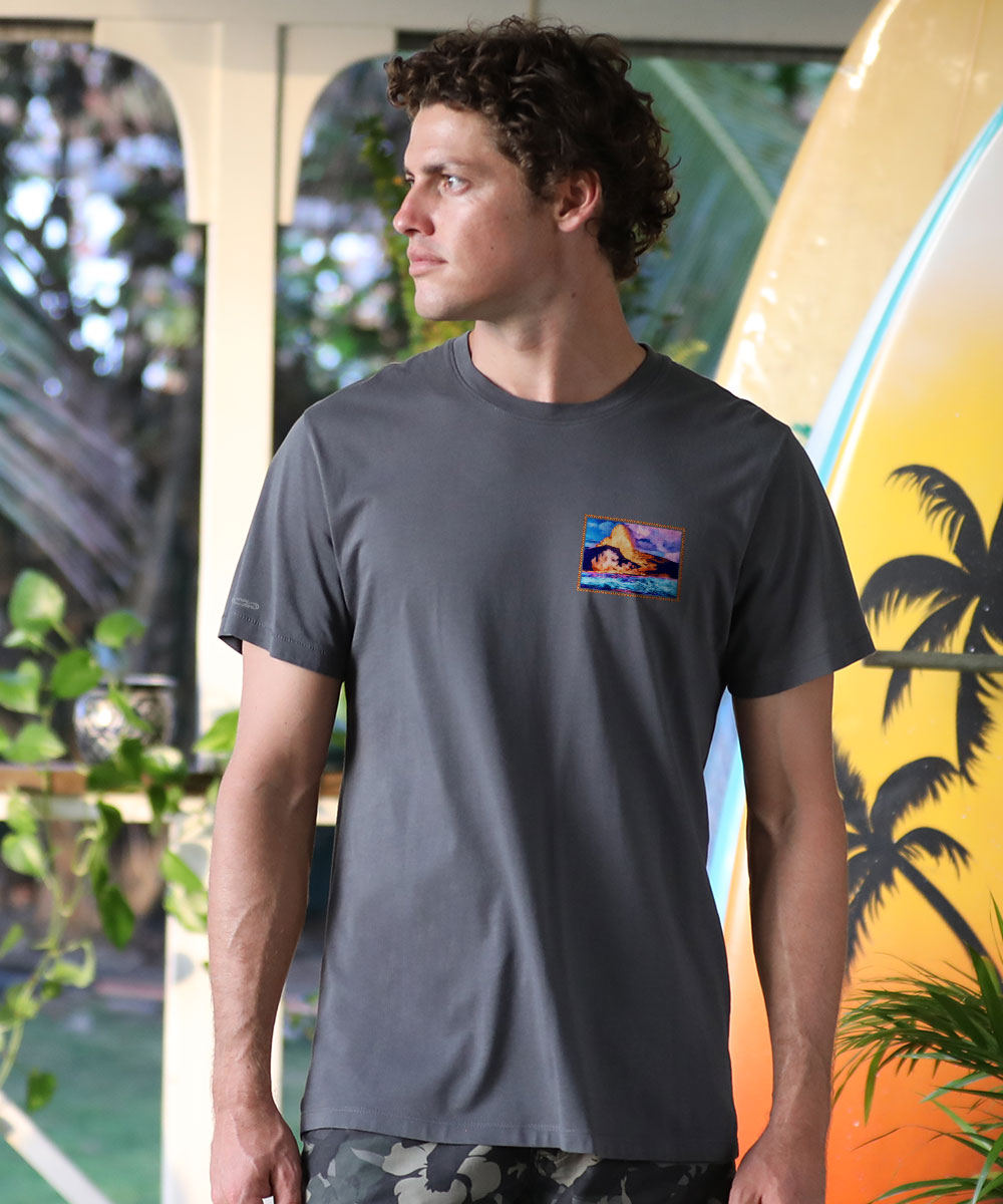 grey t shirt on man in front of surfboard View 3