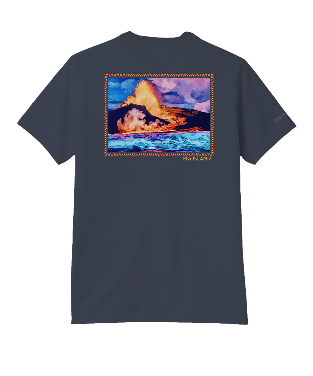 Navy blue t-shirt with a graphic of a mountain and ocean on the back, on a white background. View 1