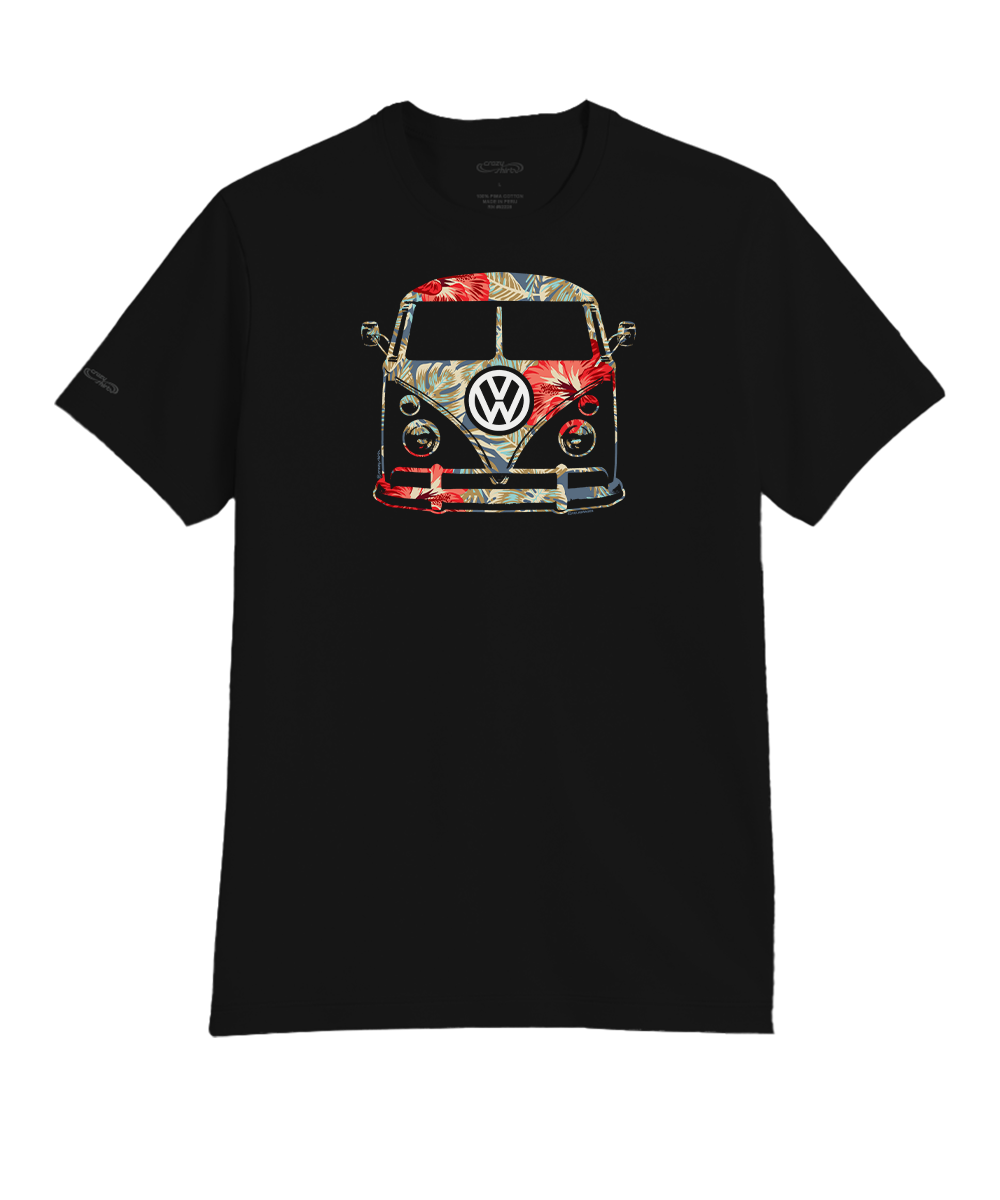 Black t-shirt with a colorful VW bus graphic on a white background View 1