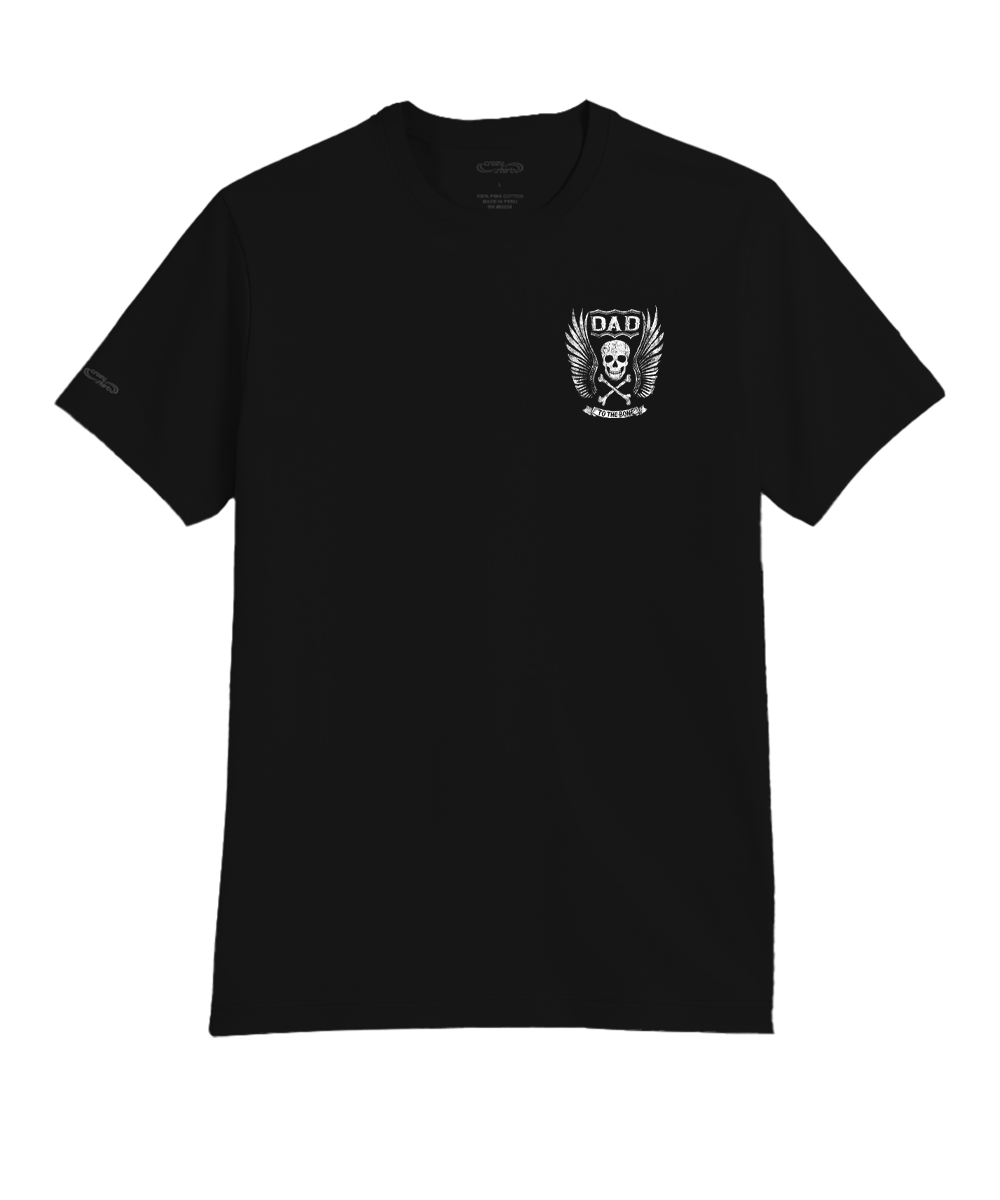 Black t-shirt with a small logo on the chest against a white background View 4