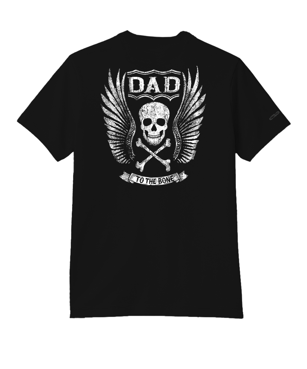 Black t-shirt with a skull and crossbones design on the back, featuring the text 'Dad to the Bone'. View 1