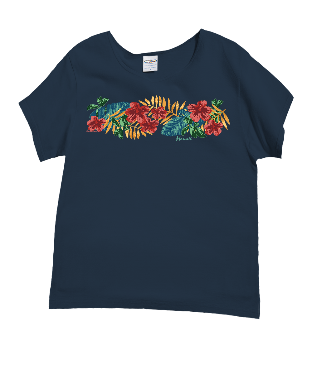 Navy blue t-shirt with floral design on a white background View 1