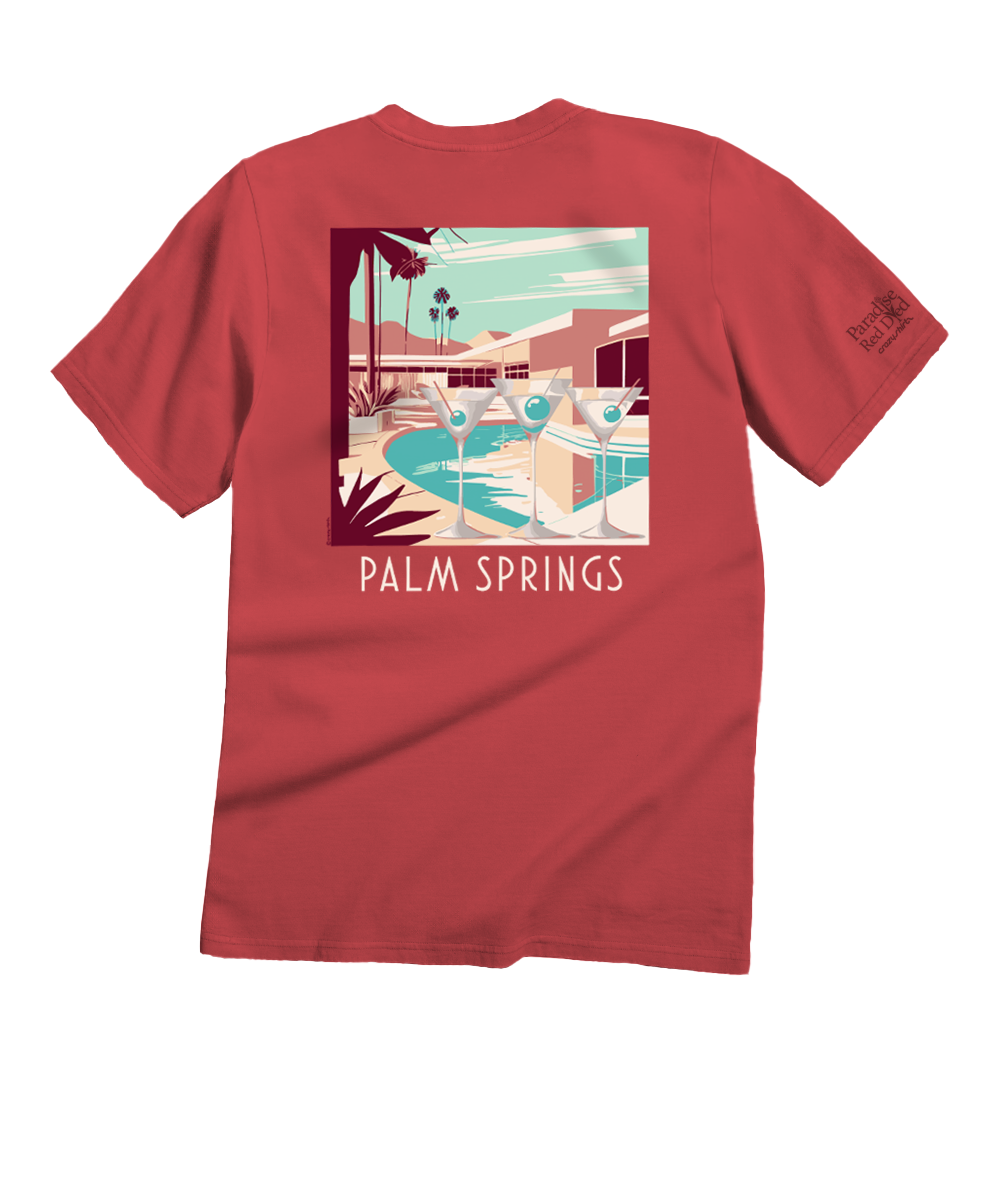 Maroon t-shirt with a graphic of a pool scene and 'Palm Springs' text on a white background View 1