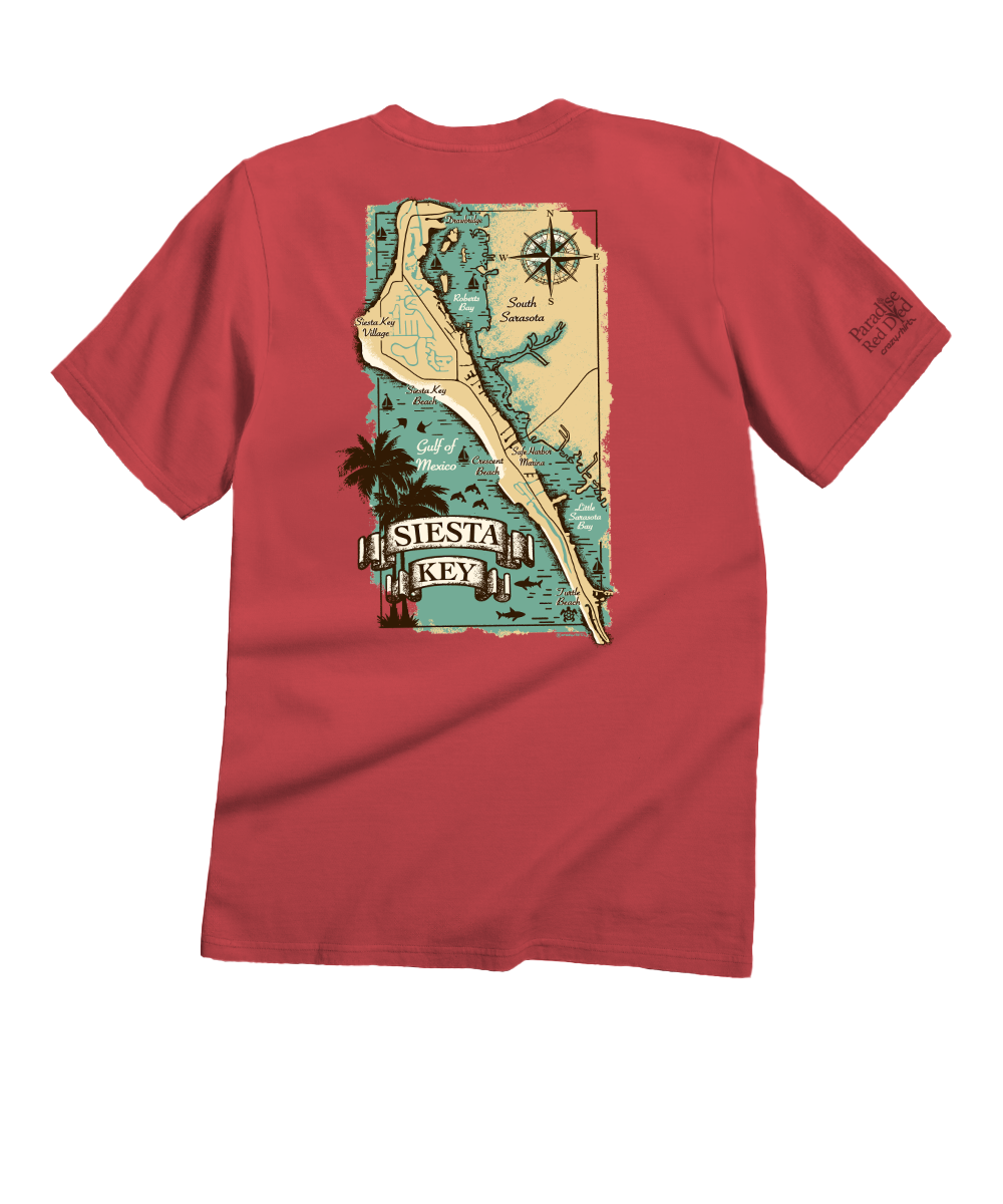 Siesta Key Map - Paradise Red Dyed Short Sleeve Crewneck T-Shirt