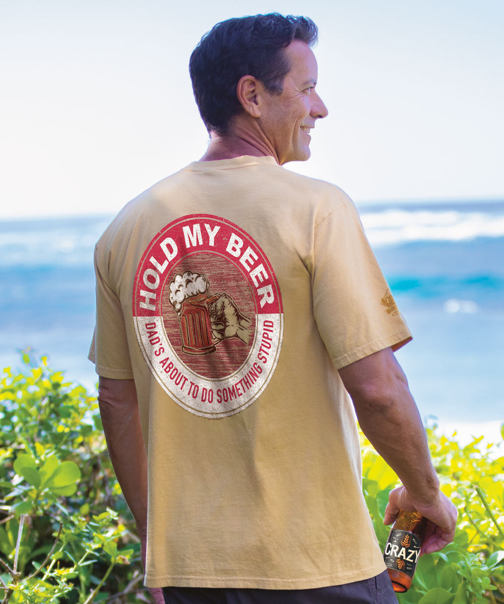 Man wearing beige t shirt that says Hold My Beer on the back View 2