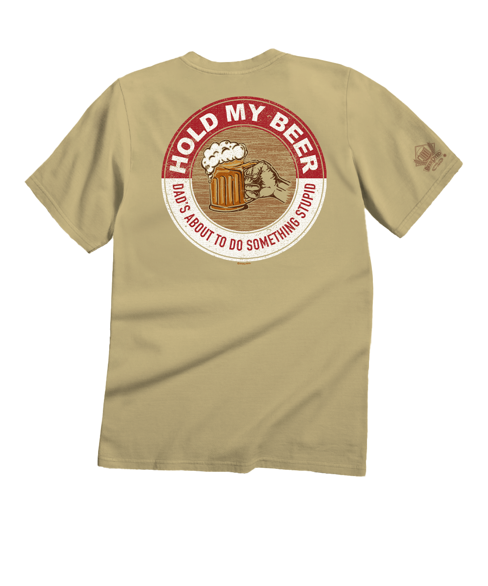 Beige t-shirt with 'Hold My Beer' graphic on a white background View 1