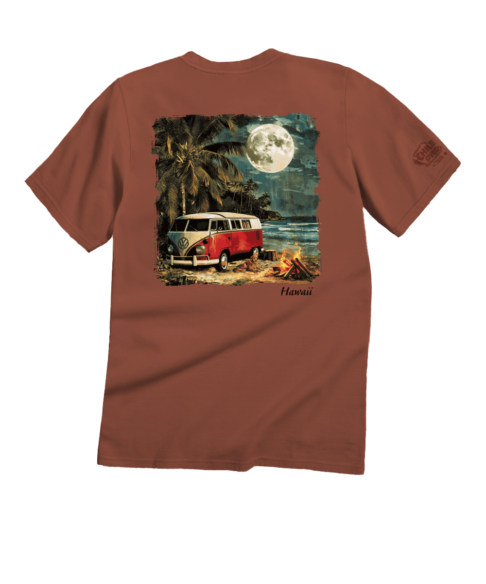 Brown t-shirt with a graphic of a van and campfire on a beach under a full moon. View 1