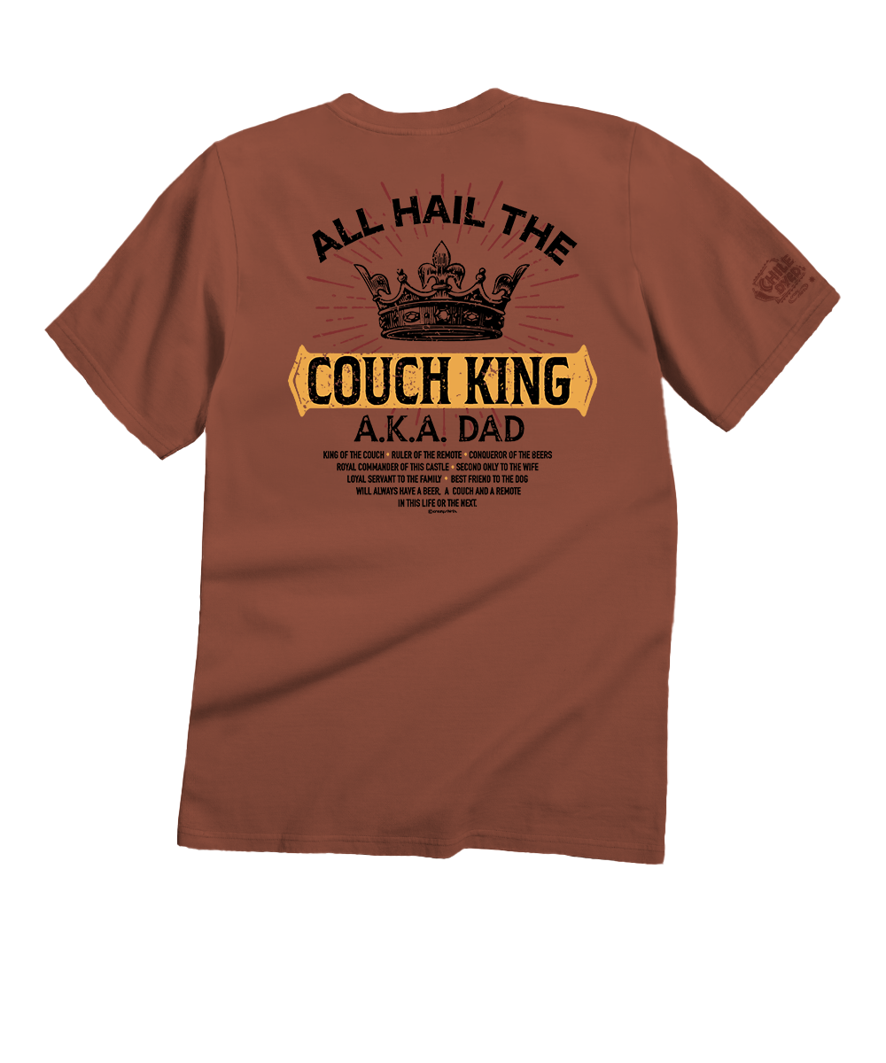 Brown t-shirt with text and crown graphic on a white background View 1