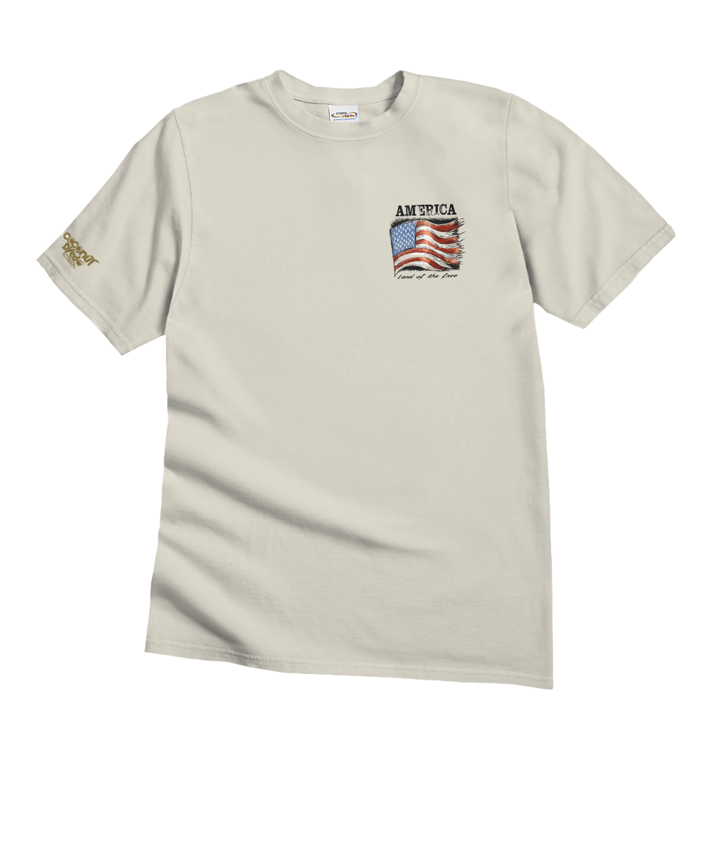Beige t-shirt with American flag graphic on a white background View 4