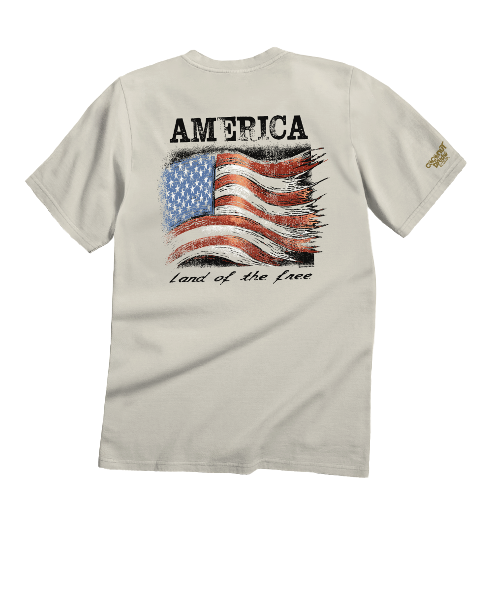 Beige t-shirt with American flag graphic and 'America, land of the free' text on a white background View 1