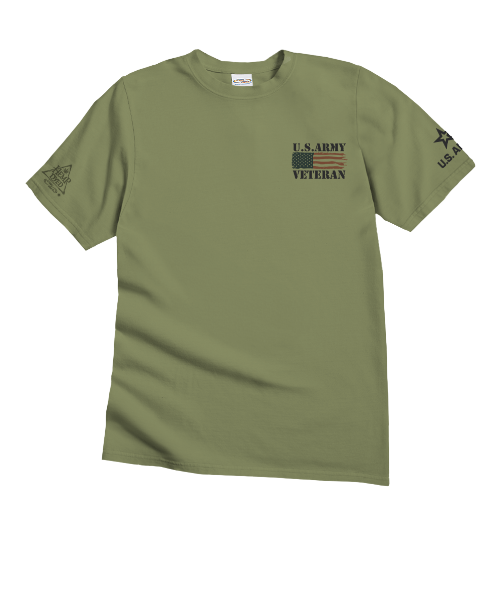 Olive green t-shirt with U.S. Army Veteran text and graphics on a white background View 4