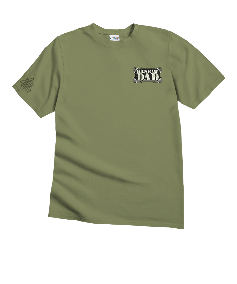 Olive green t-shirt with a logo on a white background View 4