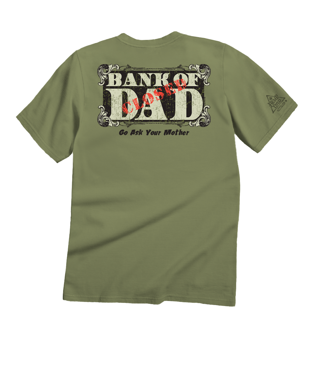 Green t-shirt with graphic text design on a white background View 1