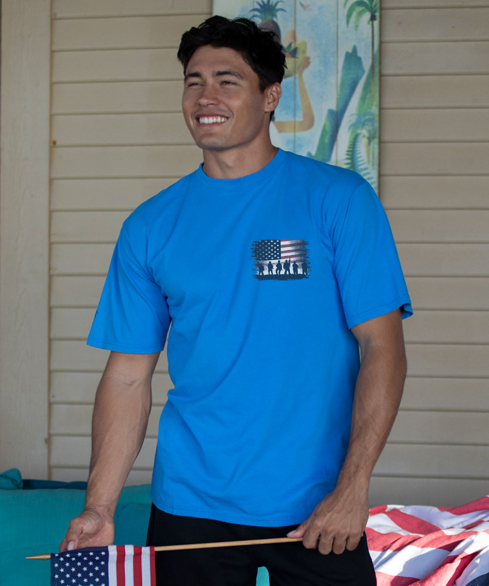 Man in a blue shirt on a patio View 3
