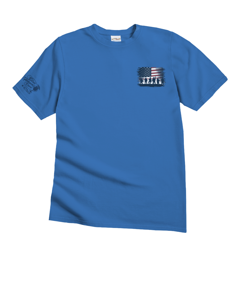Blue t-shirt with a small graphic on a white background View 4