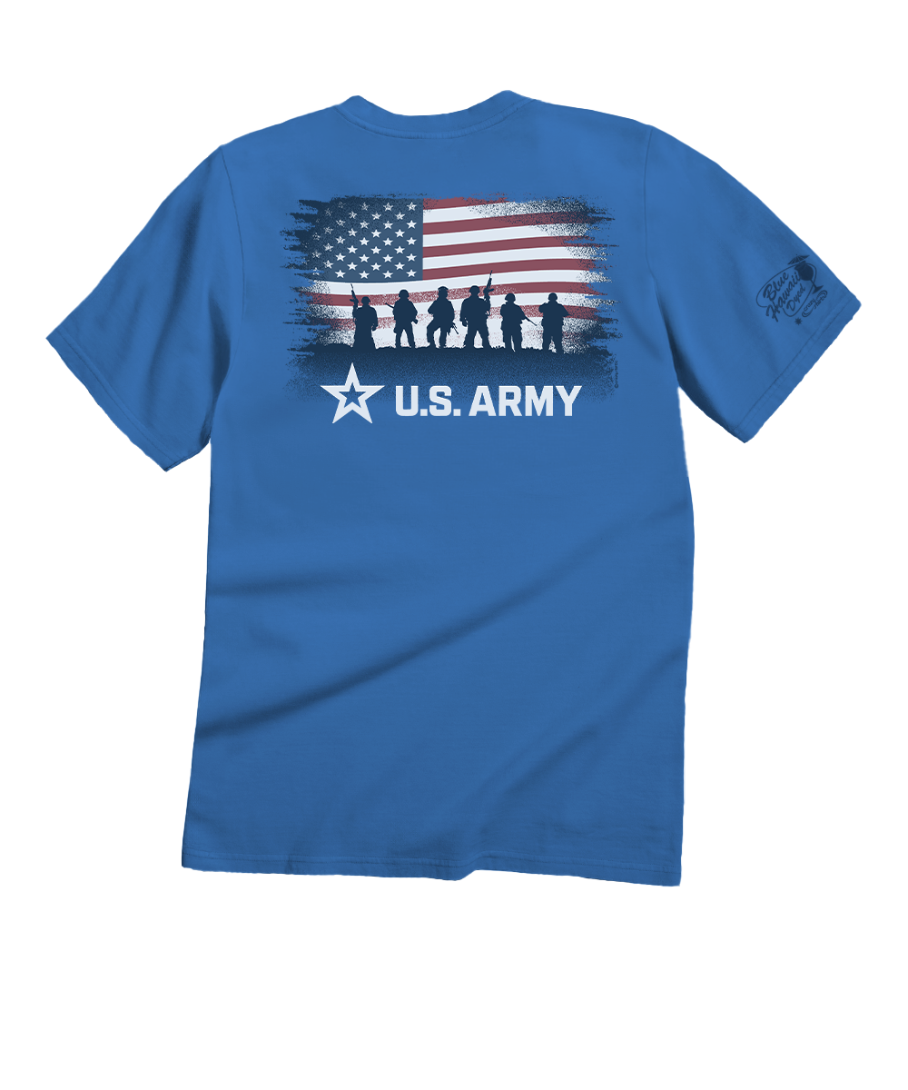 Blue t-shirt with U.S. Army logo and American flag design on a white background View 1