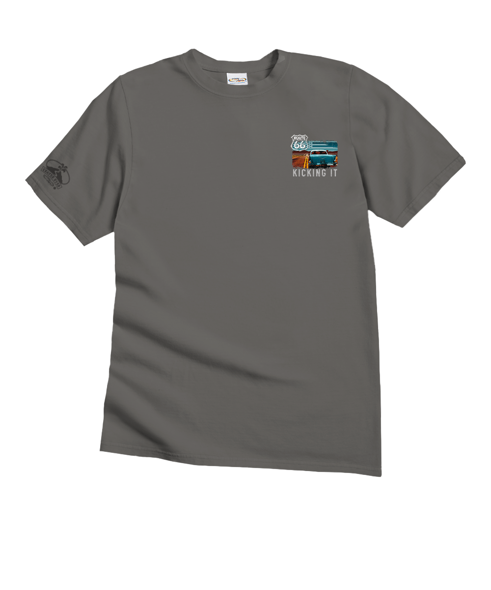 Gray t-shirt with colorful graphic on white background View 4
