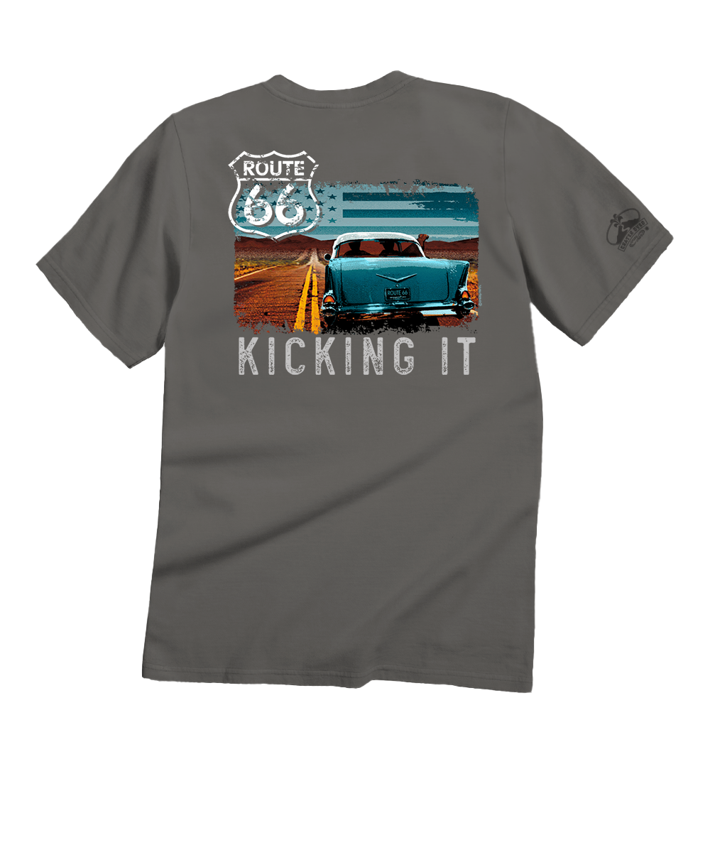 Gray t-shirt with a graphic of a vintage car on Route 66 and the text 'Kicking It' on the back. View 1