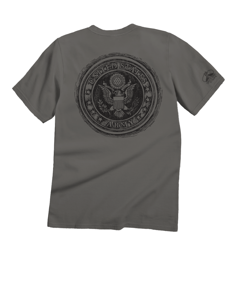 Gray t-shirt with a black emblem on the back against a white background View 1