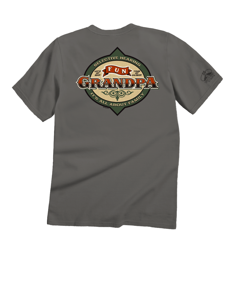 Gray t-shirt with 'Fun Grandpa' graphic on the back against a white background View 1