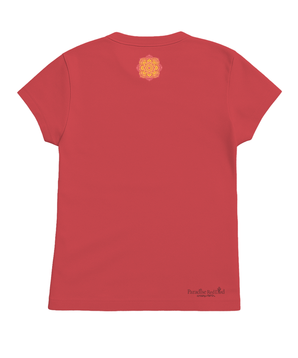 red t-shirt with a floral patter on the back on a white background. View 4
