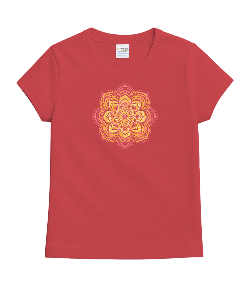Maroon t-shirt with a yellow mandala design on a white background View 1