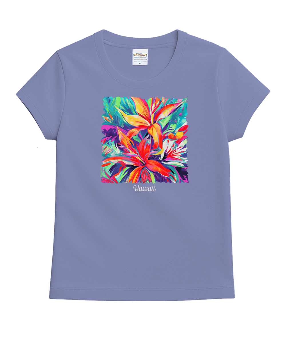 Purple t-shirt with a colorful floral design on a white background