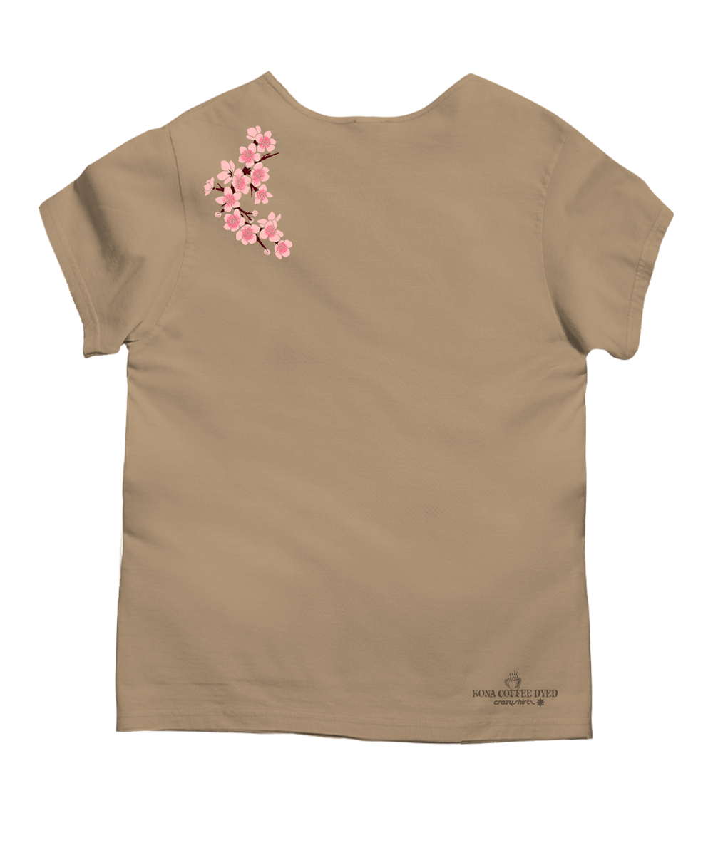 Beige t-shirt with cherry blossom design on a white background View 4