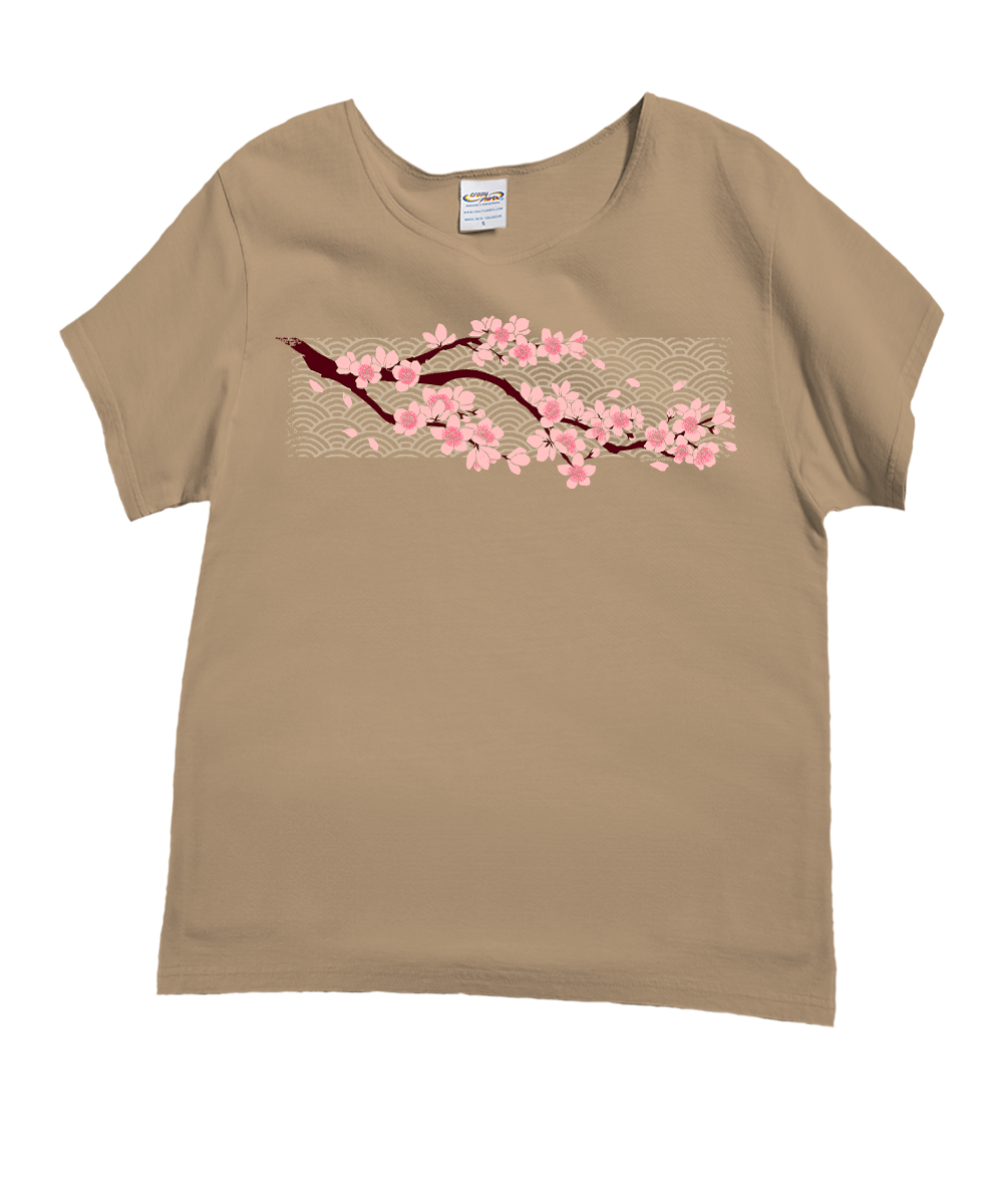 Beige t-shirt with cherry blossom design on a white background View 1