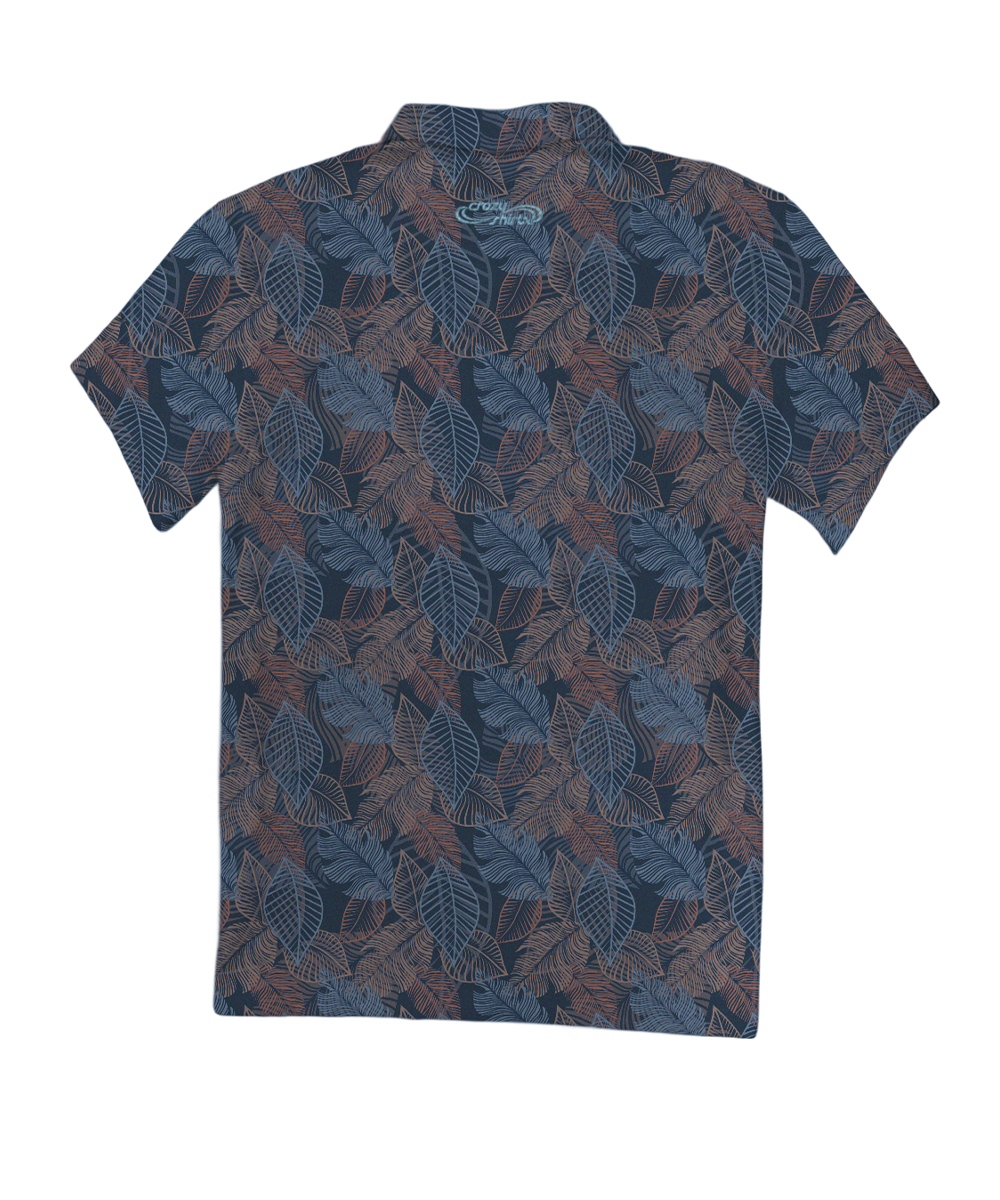 Blue short-sleeve polo shirt with leaf pattern on a transparent background View 4