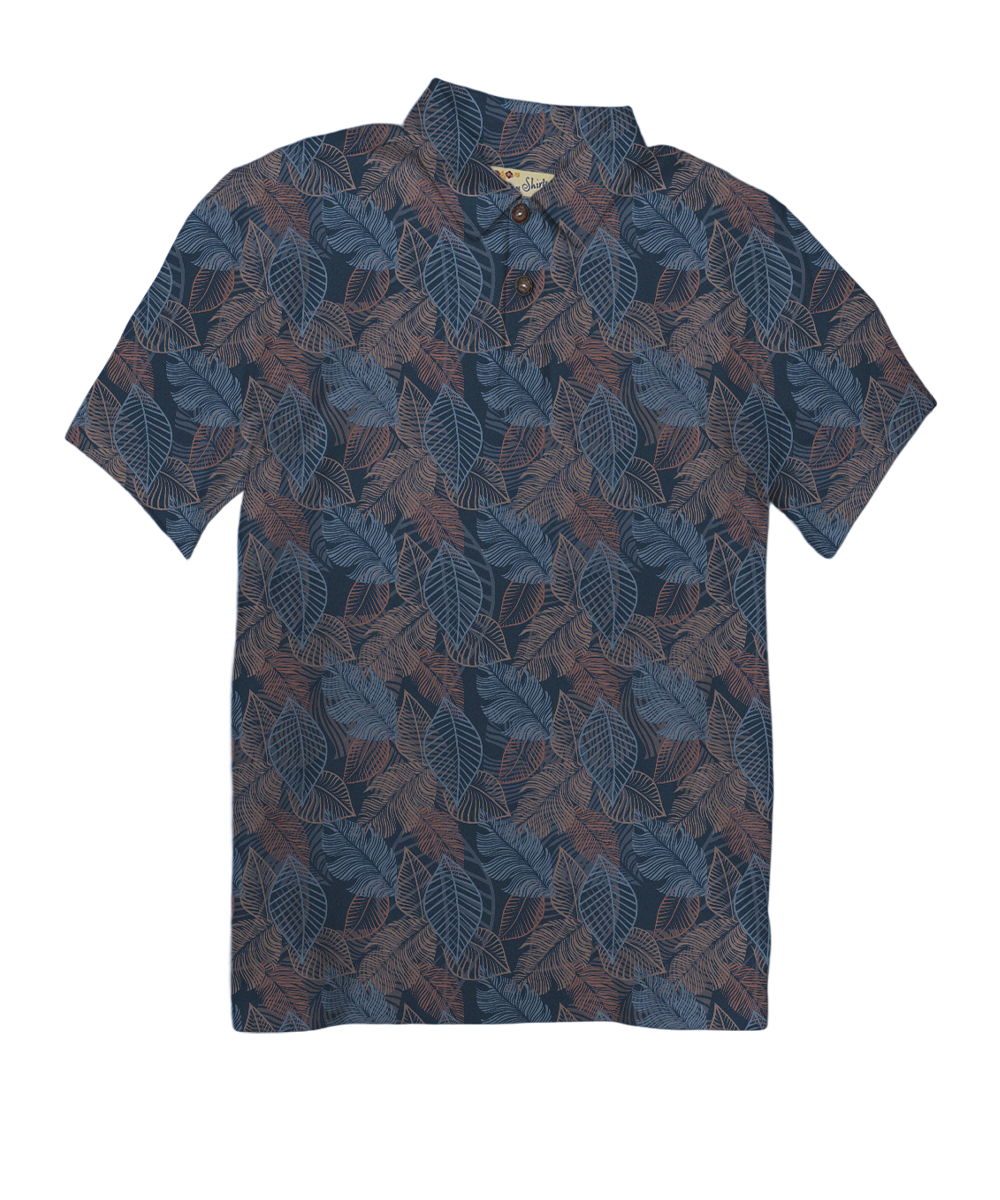 Blue short-sleeve polo shirt with leaf pattern on a transparent background View 1