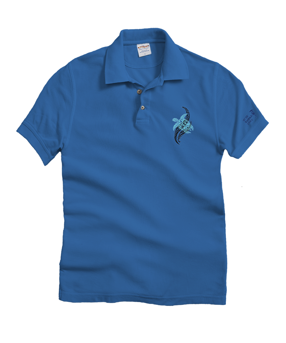 Blue polo shirt with a small logo on a white background View 1