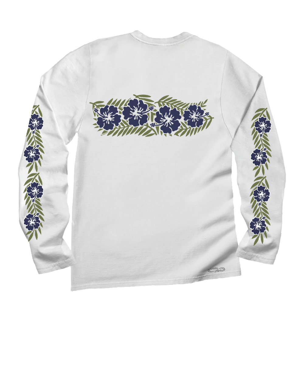 White long sleeve crewneck t-shirt with a floral band design in blue colors on the sleeves. View 4
