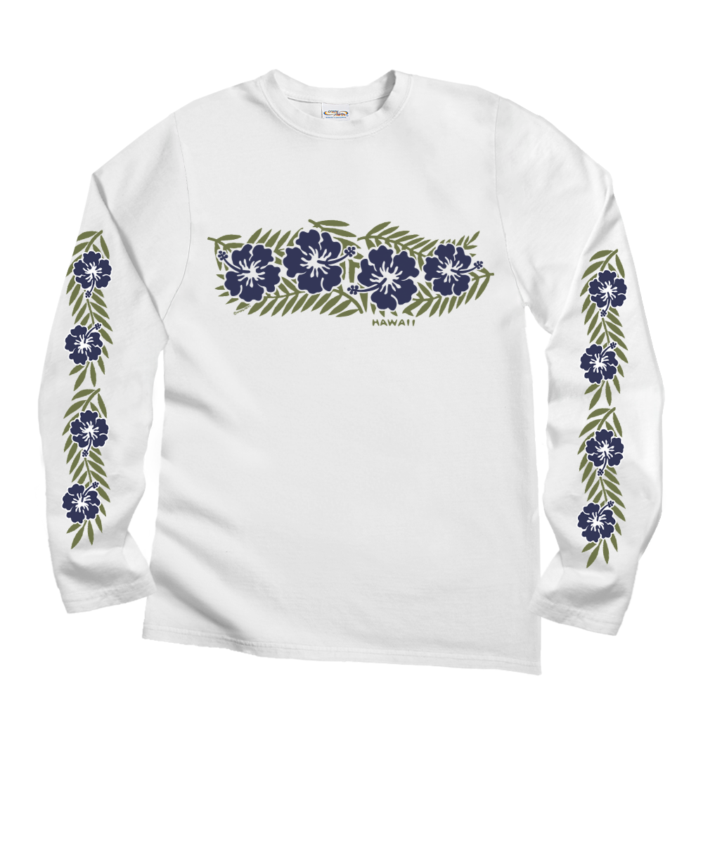 White long-sleeve shirt with blue floral designs on sleeves against a white background View 1