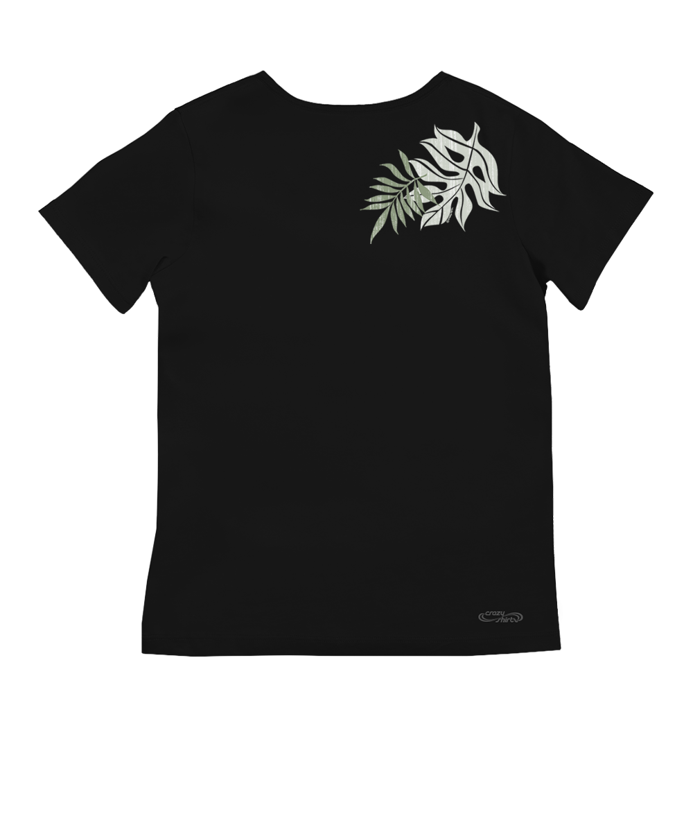 Black short sleeve pima V-neck t-shirt with a leaf design on the back. View 4