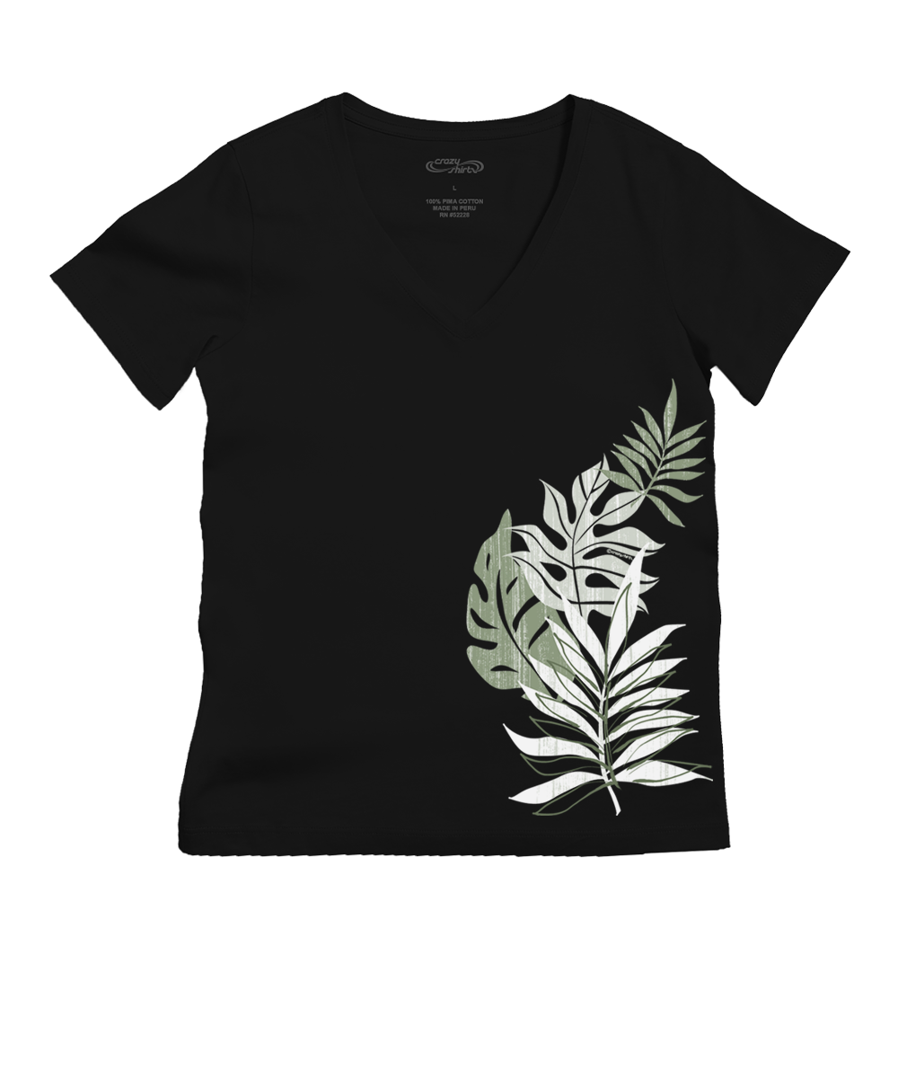 Black t-shirt with white leaf design on a white background View 1