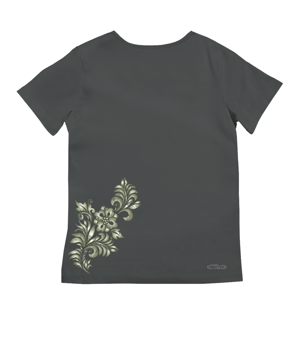 Gray short sleeve pima v-neck tee with a floral print on the bottom left hem View 4