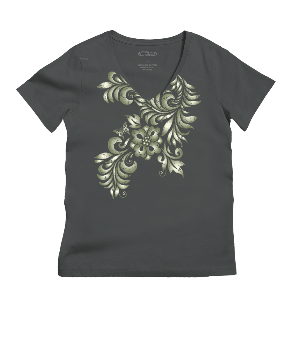 Dark gray t-shirt with a decorative floral design on a white background View 1
