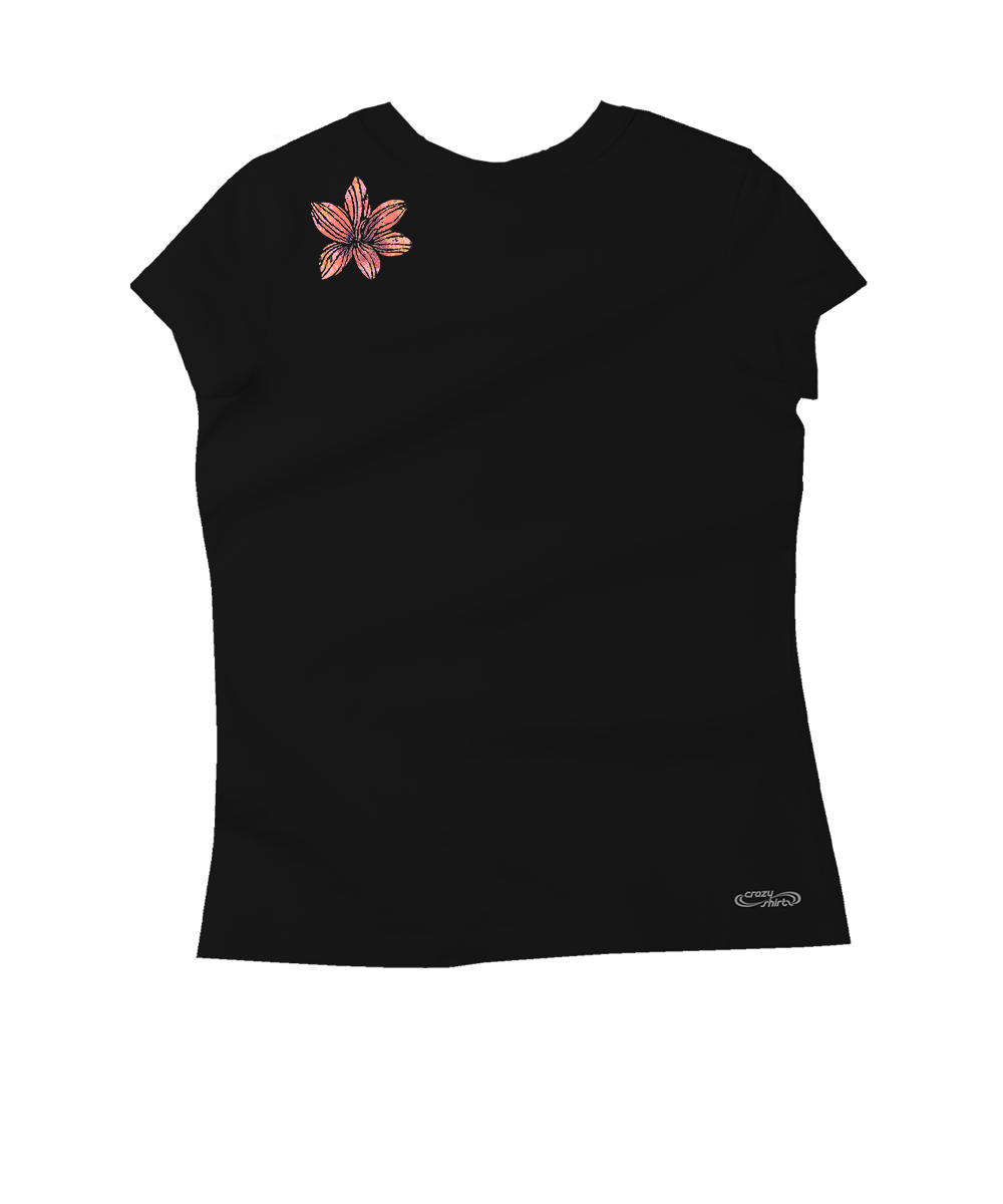 Black t-shirt with a floral design on the back against a white background. View 4