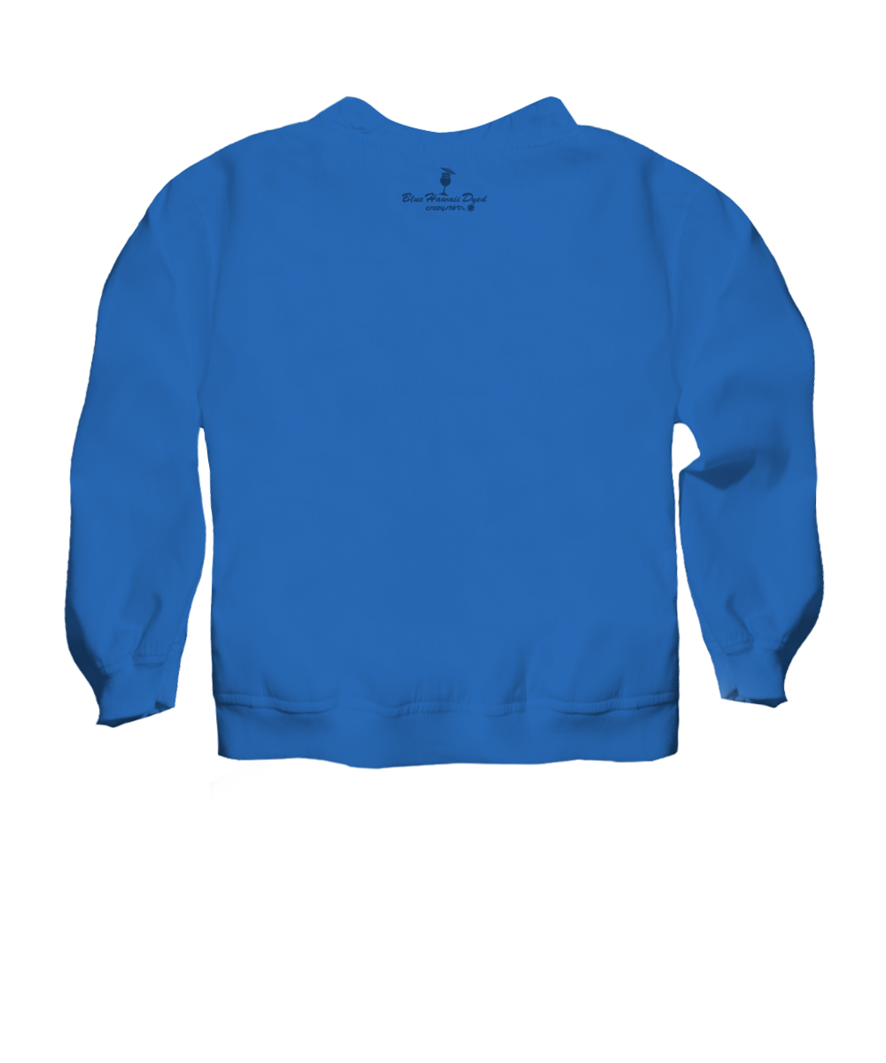 Blue sweatshirt with a logo on the back against a white background View 4