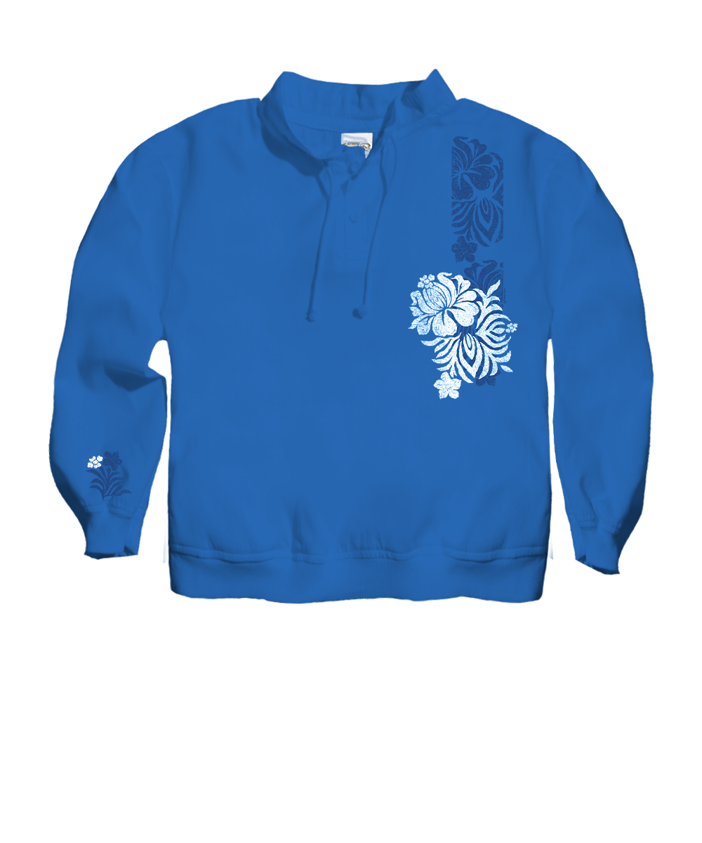 Blue sweatshirt with white floral design on a white background View 1
