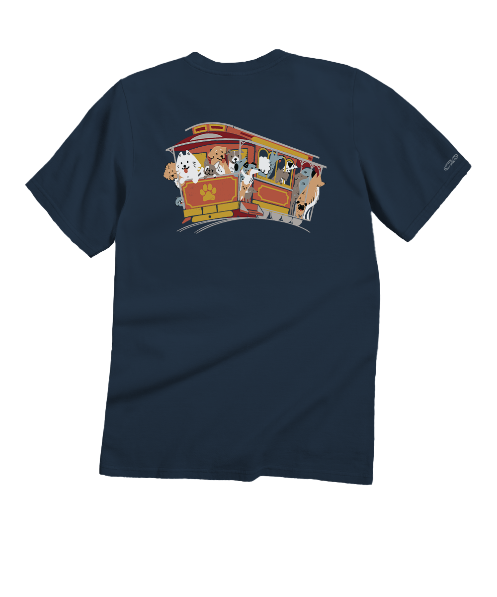 Navy blue t-shirt with a colorful graphic of dogs on a trolley on the back, on a white background. View 4